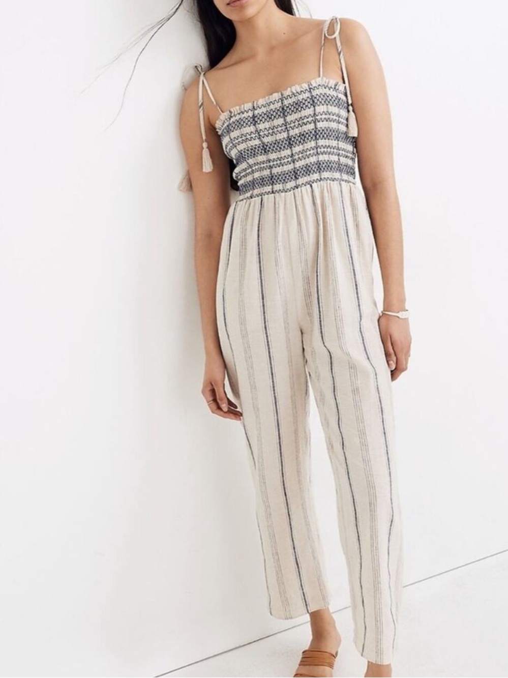 Madewell Smocked Cami Jumpsuit tie straps Linen Blend size medium